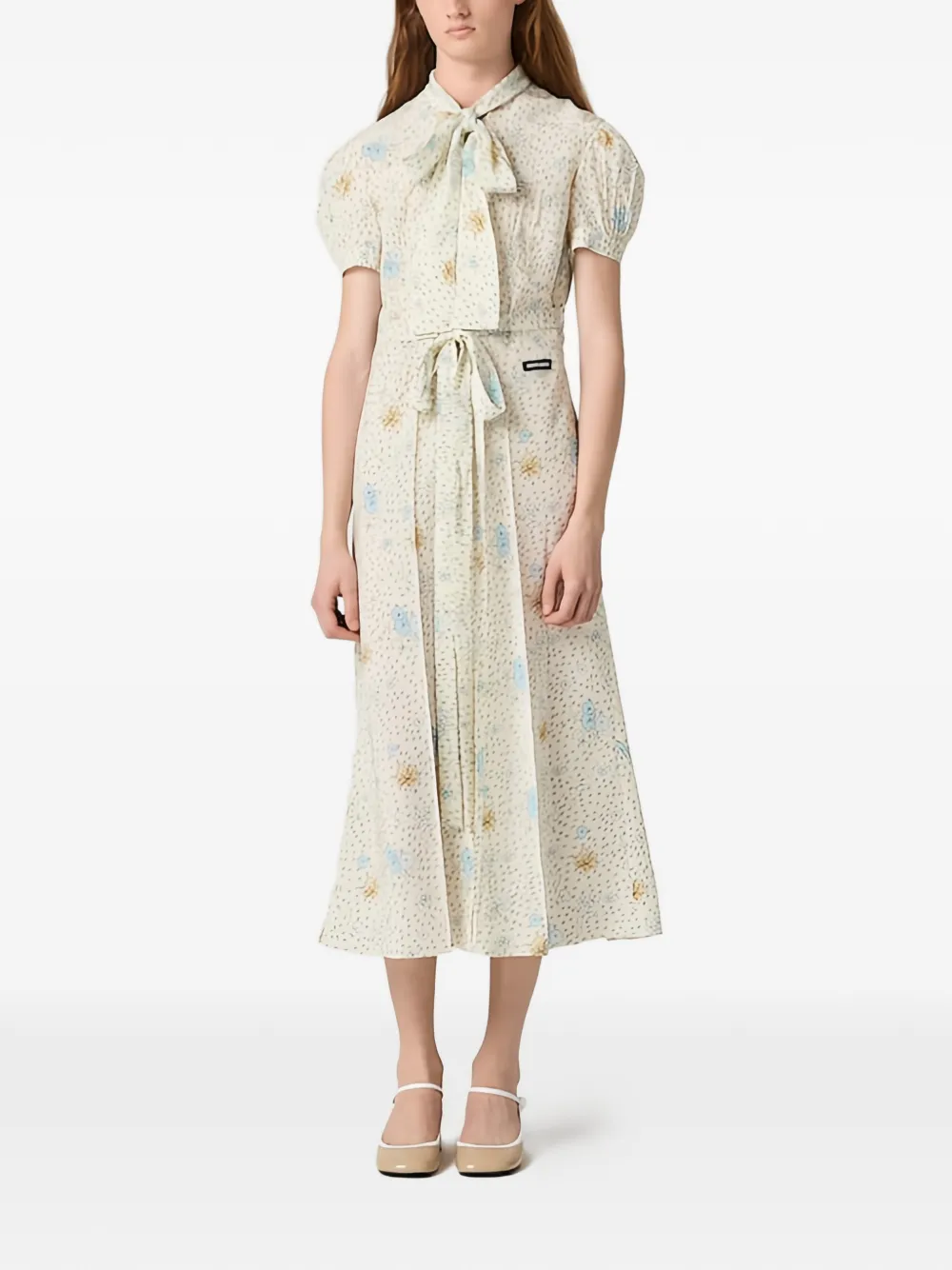Miu Miu puff-sleeve floral midi dress - Toni neutri