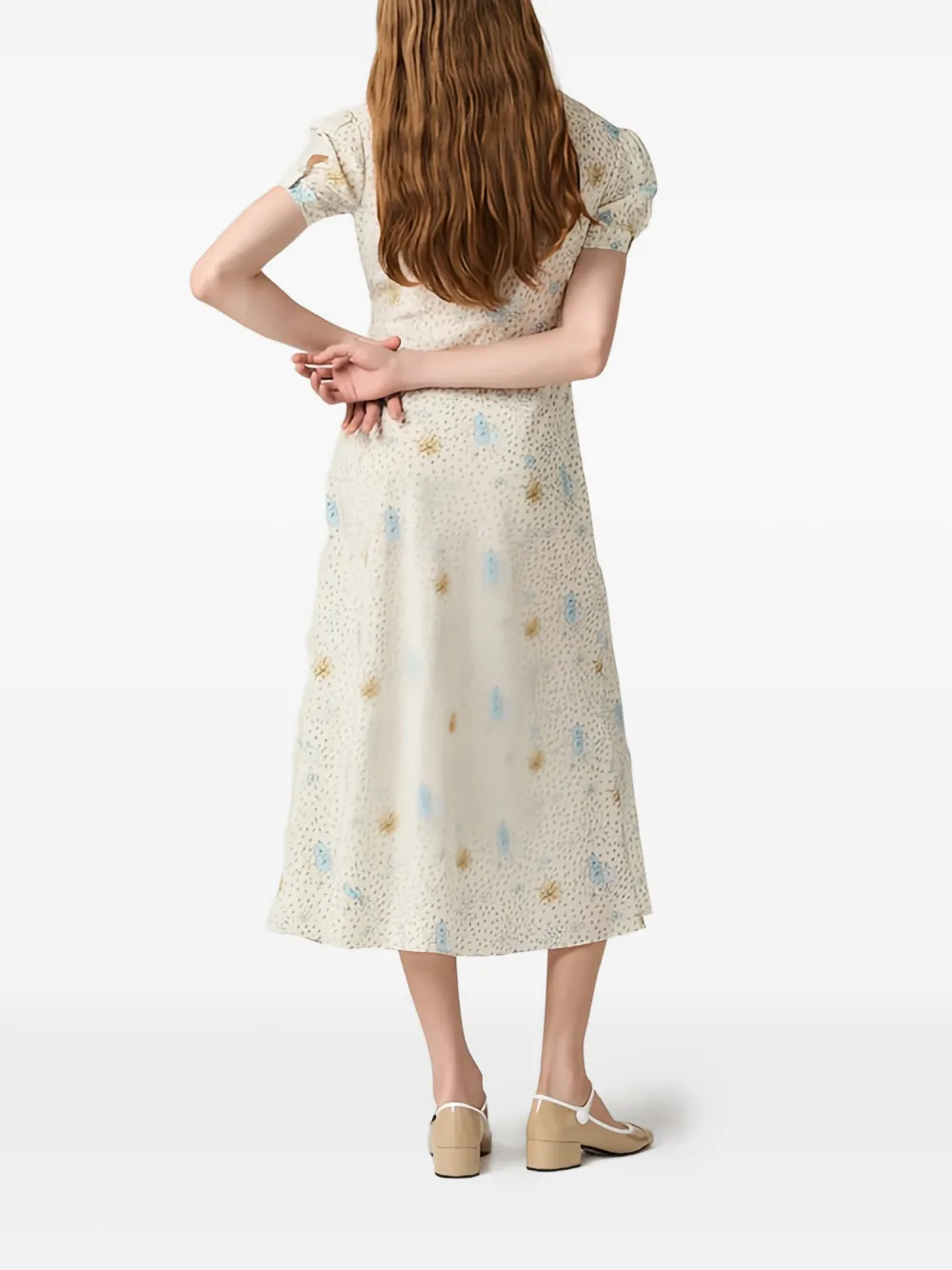 Miu Midi-jurk met pofmouwen en bloemenprint Beige