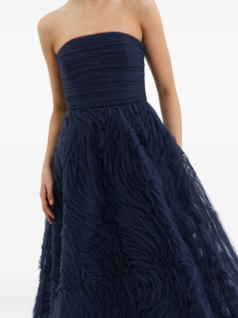 Rebecca Vallance Willow Strapless Ruffled Gown In Blue