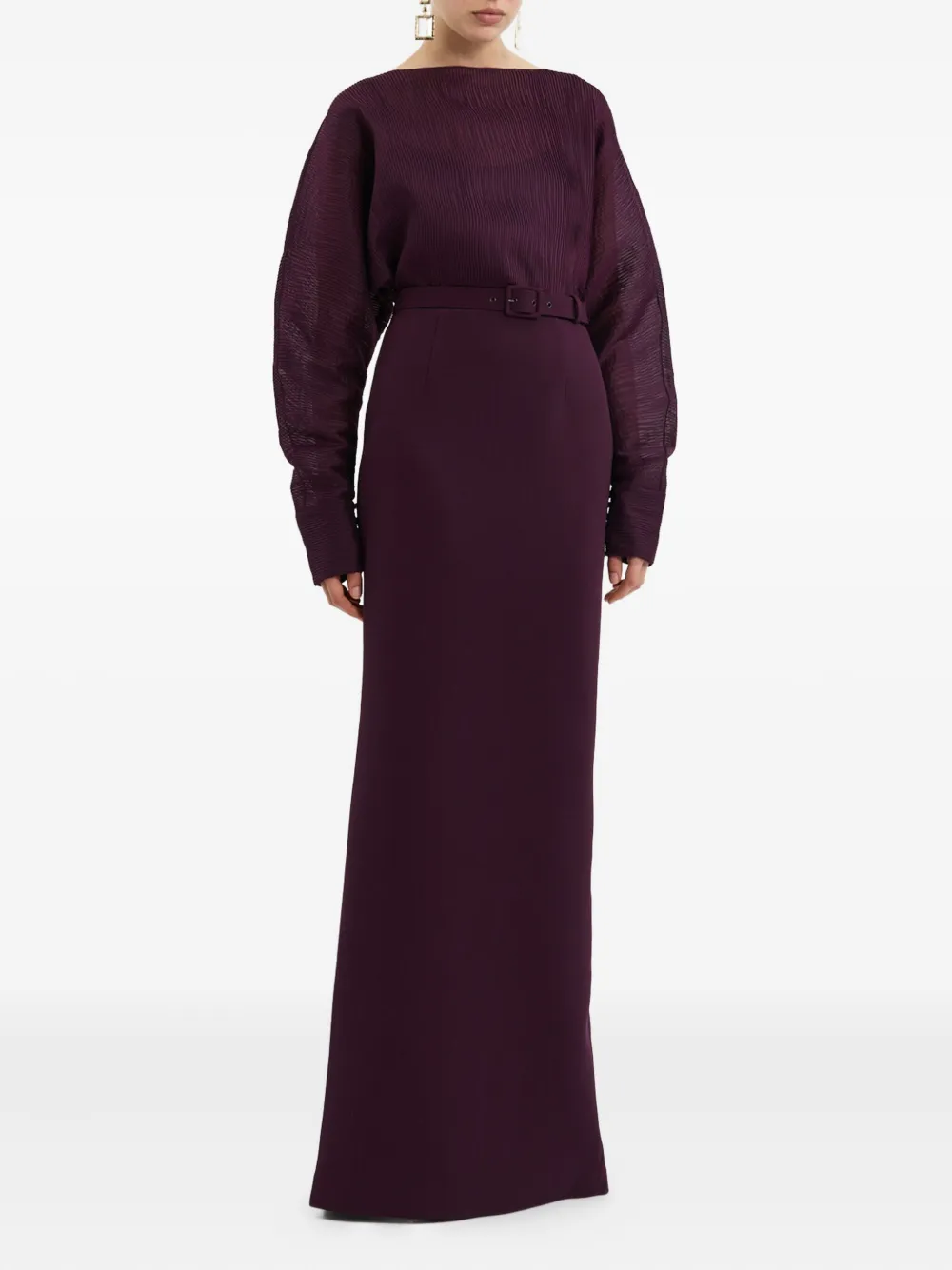Rebecca Vallance Syrah Pleated Belted Gown In Burgundy
