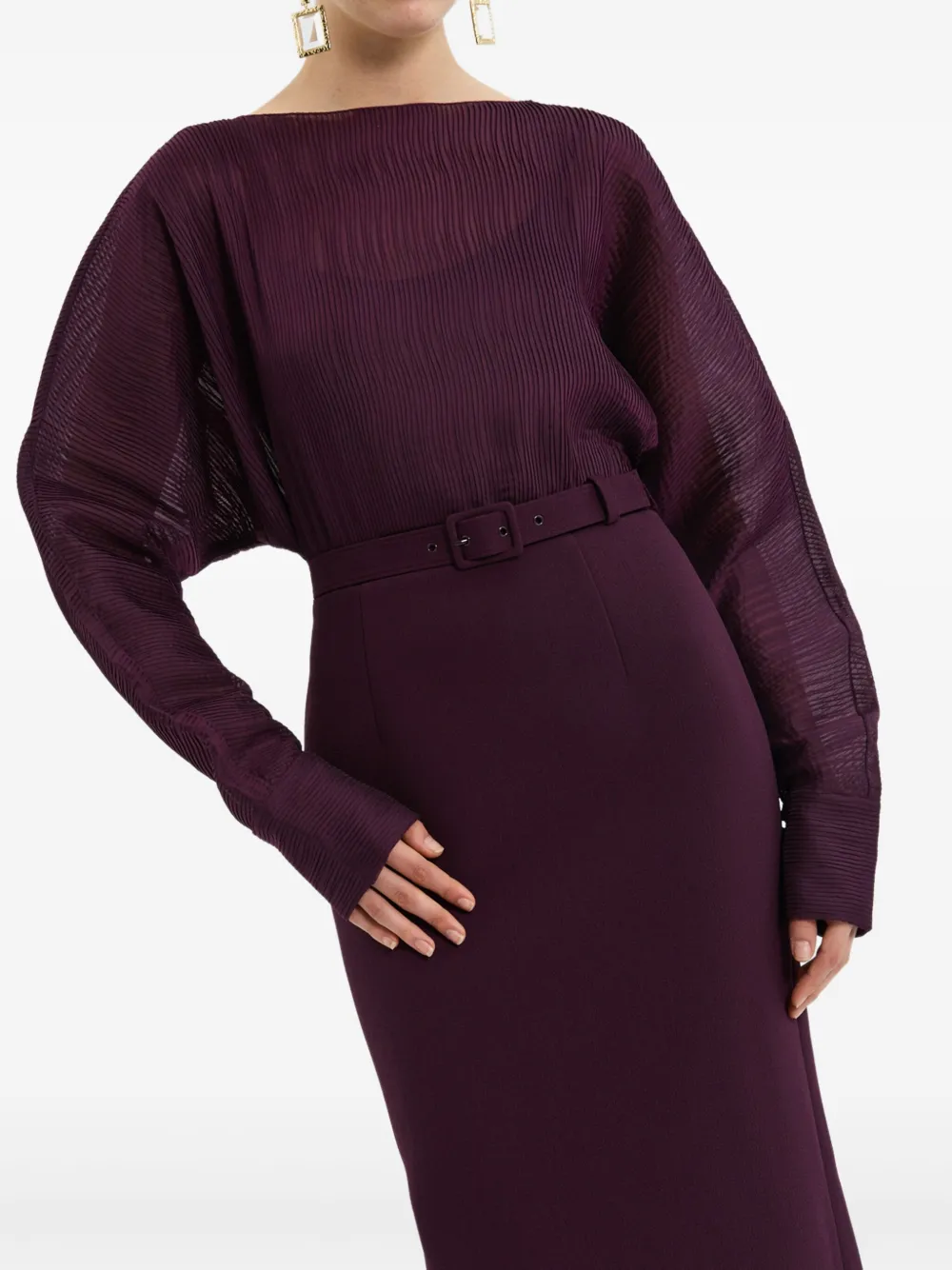 Rebecca Vallance Syrah Pleated Belted Gown In Burgundy
