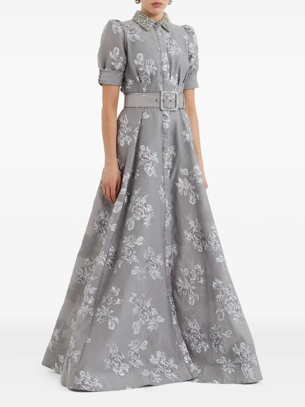 Rebecca Vallance Ruth Embellished Belted Brocade Gown In Gray