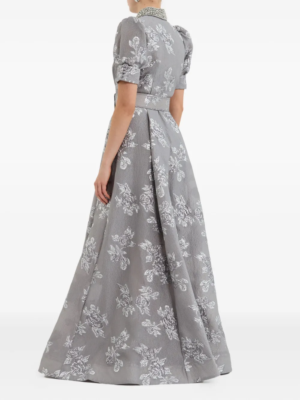 Rebecca Vallance Ruth Embellished Belted Brocade Gown In Gray