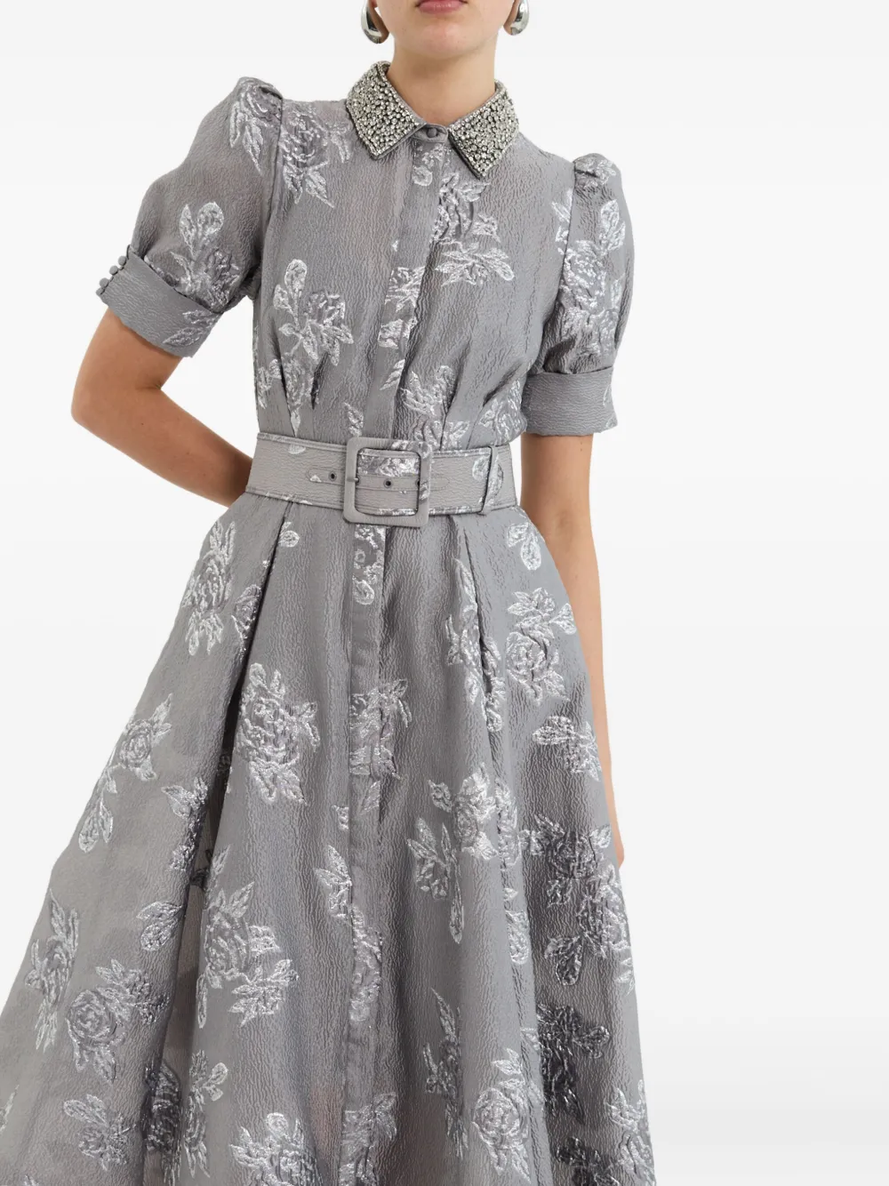 Rebecca Vallance Ruth Embellished Belted Brocade Gown In Gray