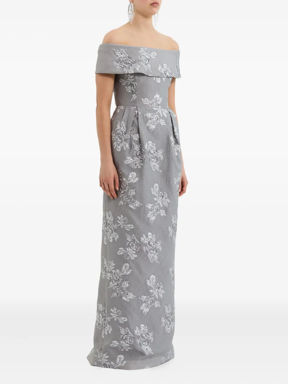 Rebecca Vallance Ruth Off-shoulder Brocade Bustier Gown In Silver