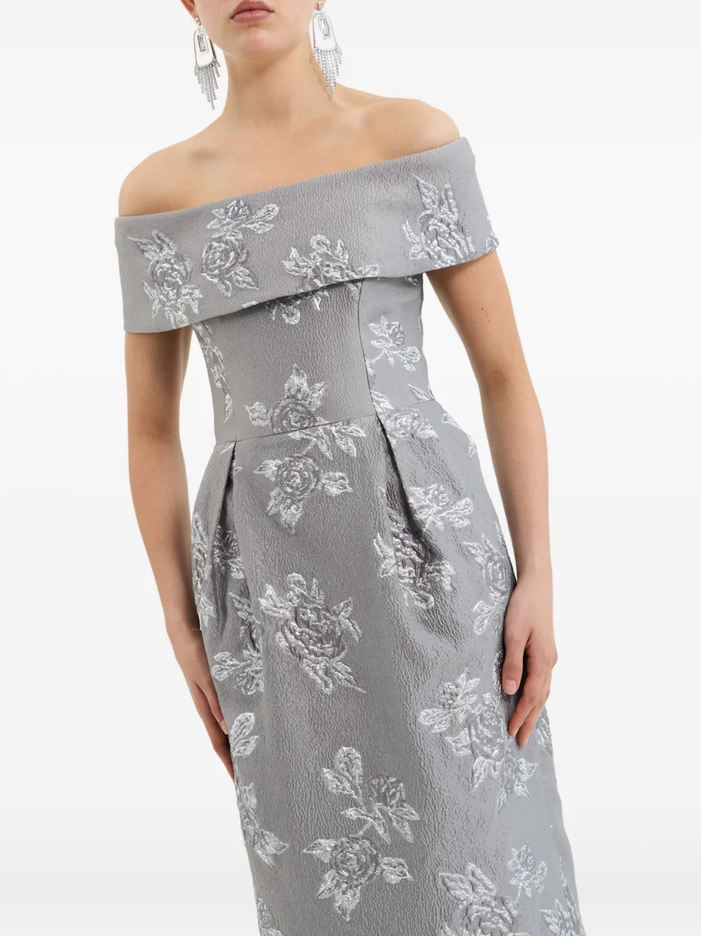Rebecca Vallance Ruth Off-shoulder Brocade Bustier Gown In Silver