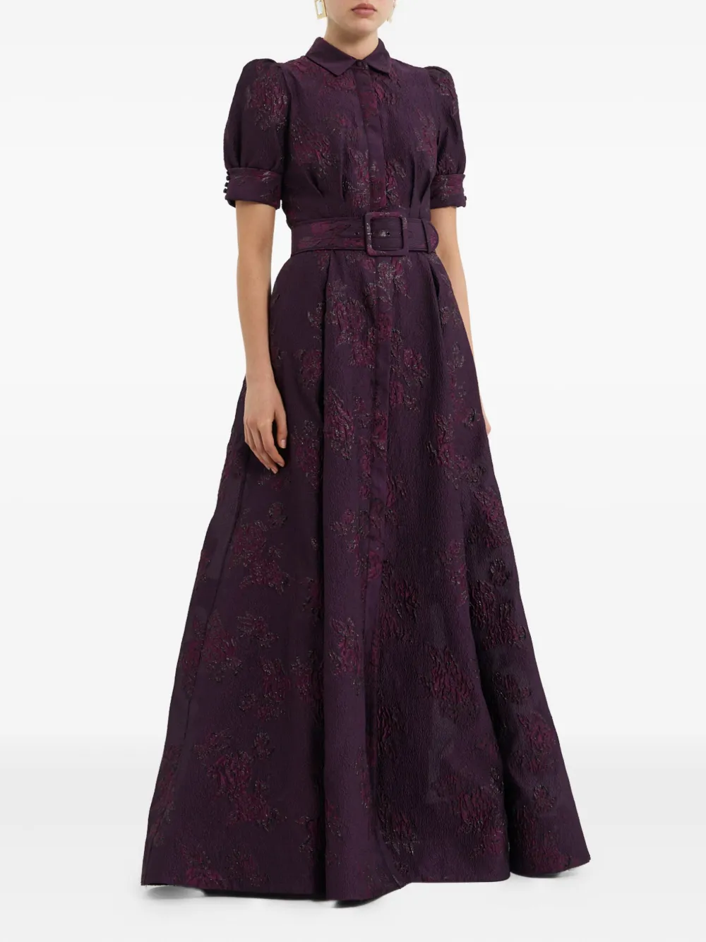 Rebecca Vallance Afina Puff-sleeve Brocade Gown In Purple