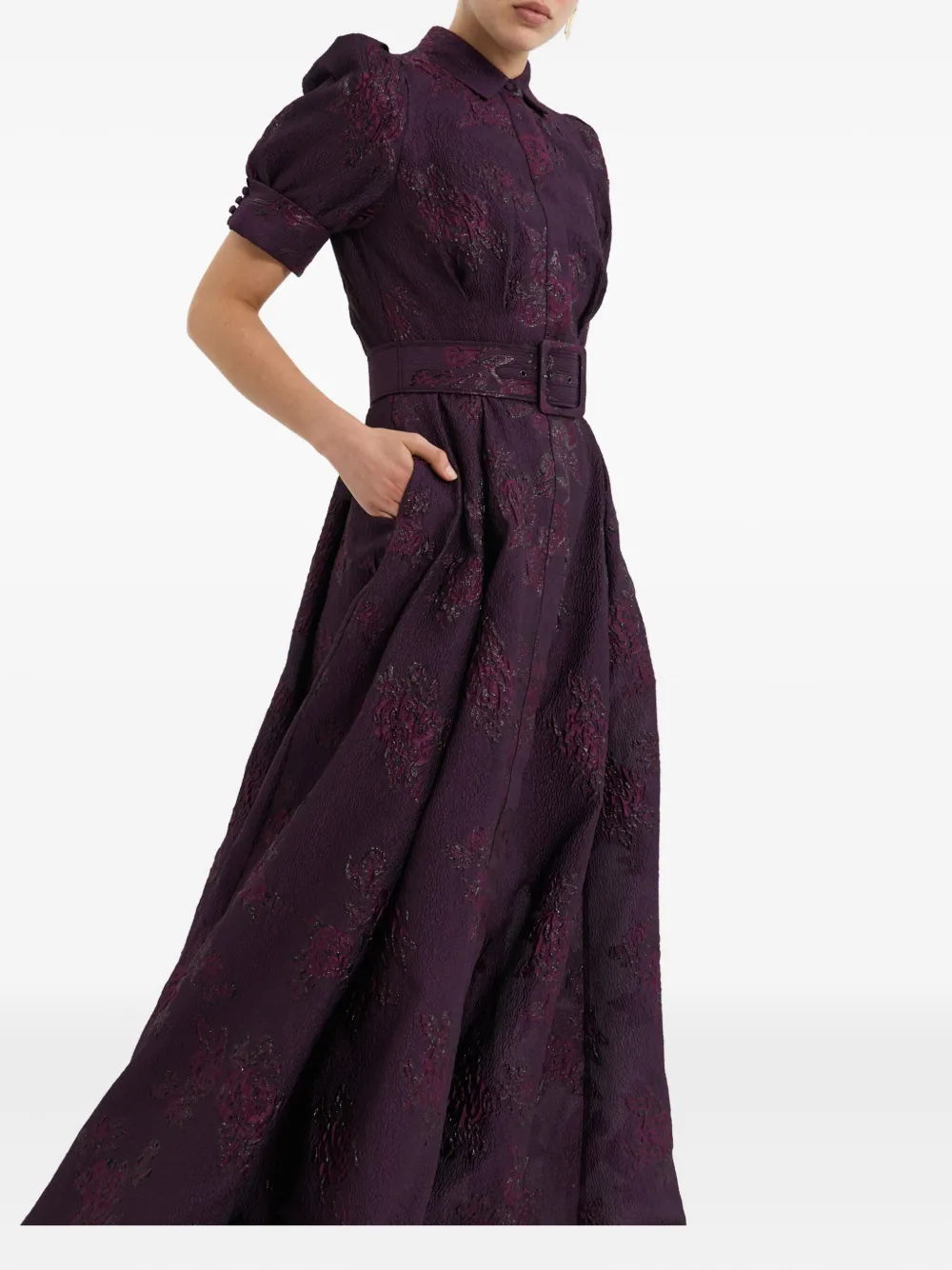 Rebecca Vallance Afina Puff-sleeve Brocade Gown In Purple