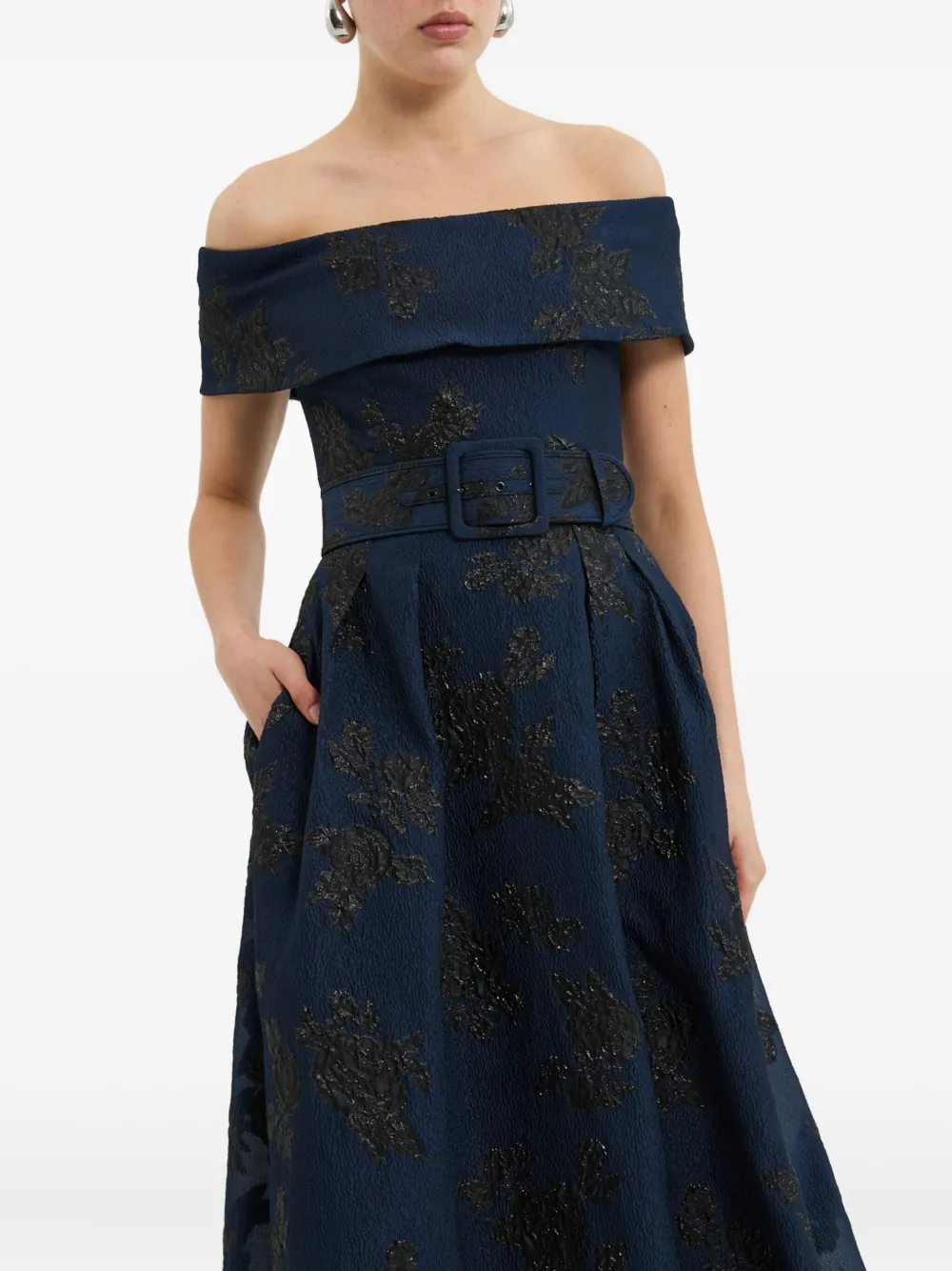 Rebecca Vallance Off-shoulder Floral-pattern Gown In Blue