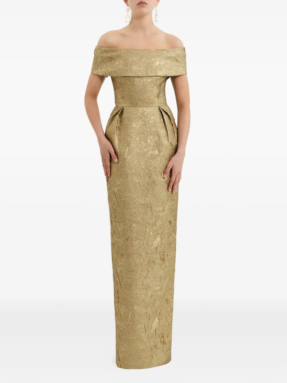 Rebecca Vallance Off-shoulder Brocade Gown In Gold