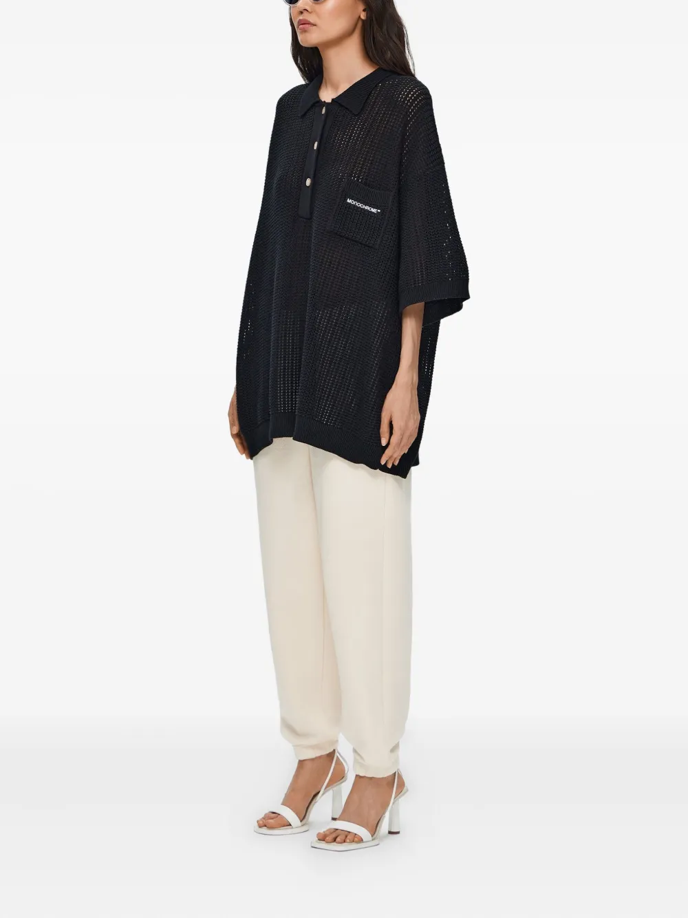 Monochrome Open-knit Polo Shirt In Black