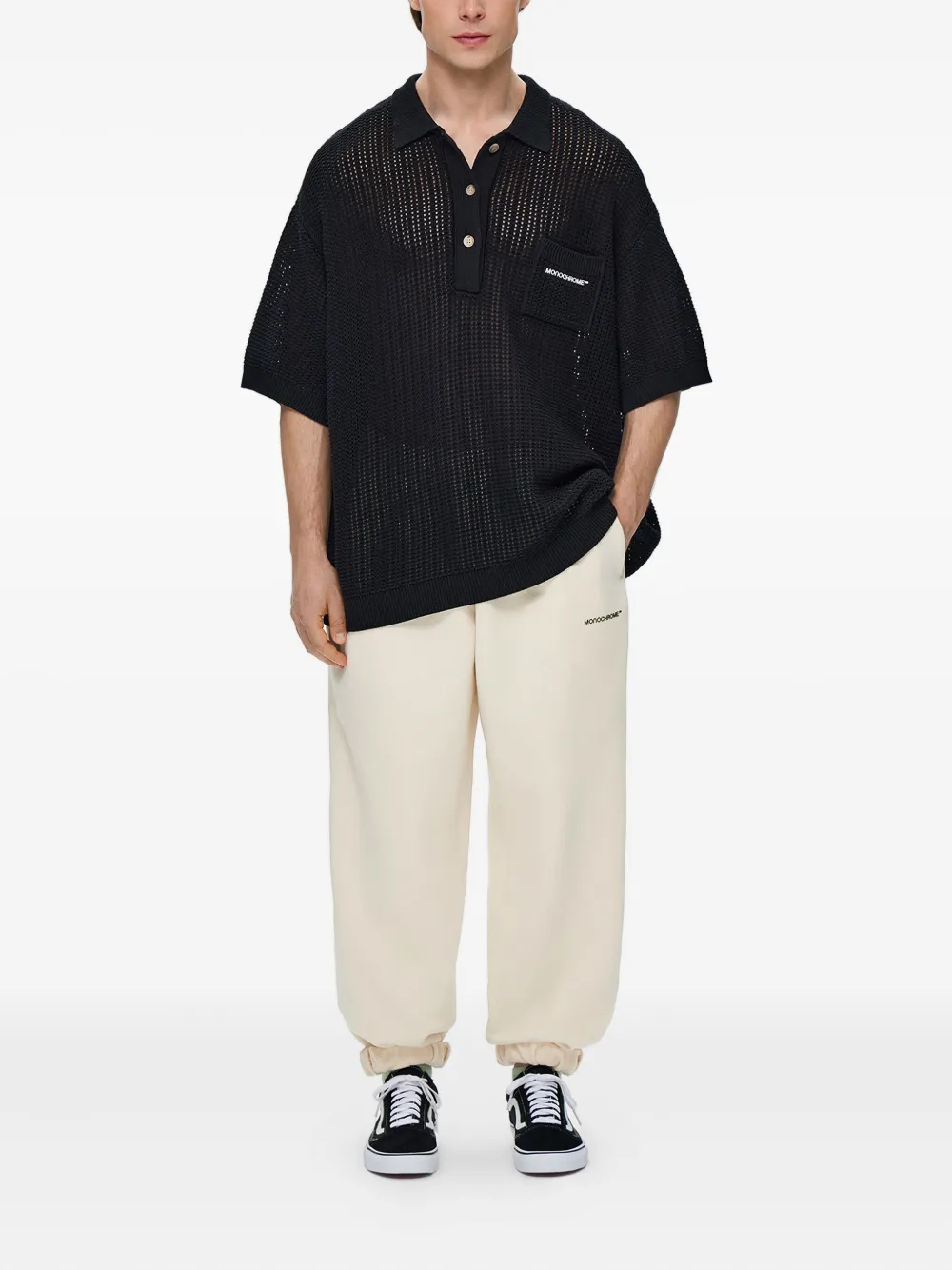 Monochrome Open-knit Polo Shirt In Black