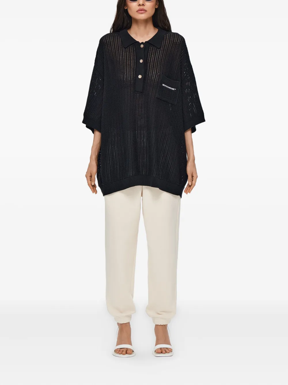 Monochrome Open-knit Polo Shirt In Black