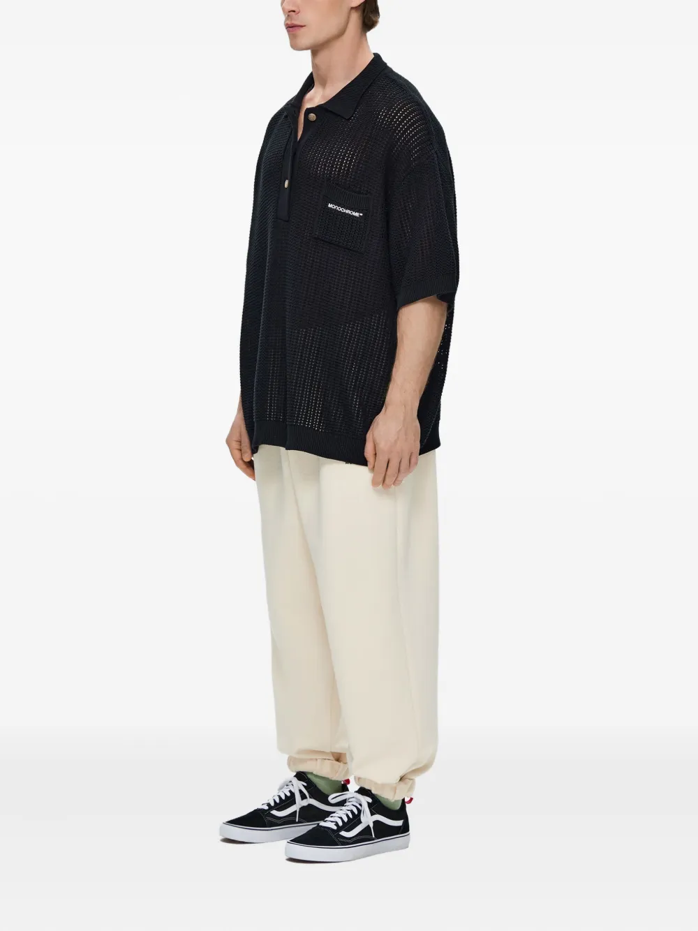 Monochrome Open-knit Polo Shirt In Black