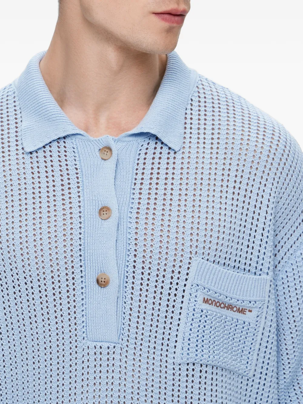 Monochrome Open-knit Polo Shirt In Blue