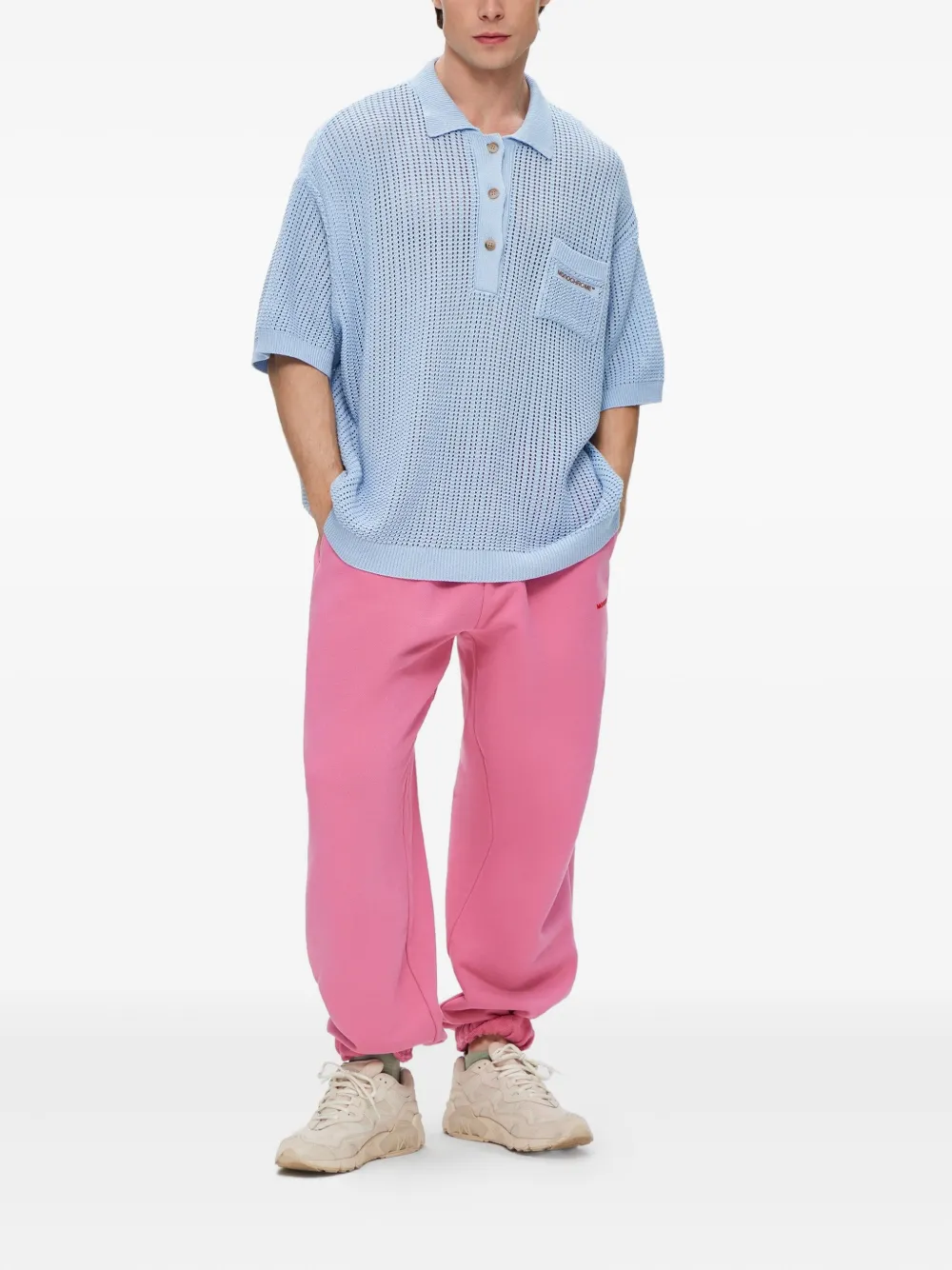 Monochrome Open-knit Polo Shirt In Blue