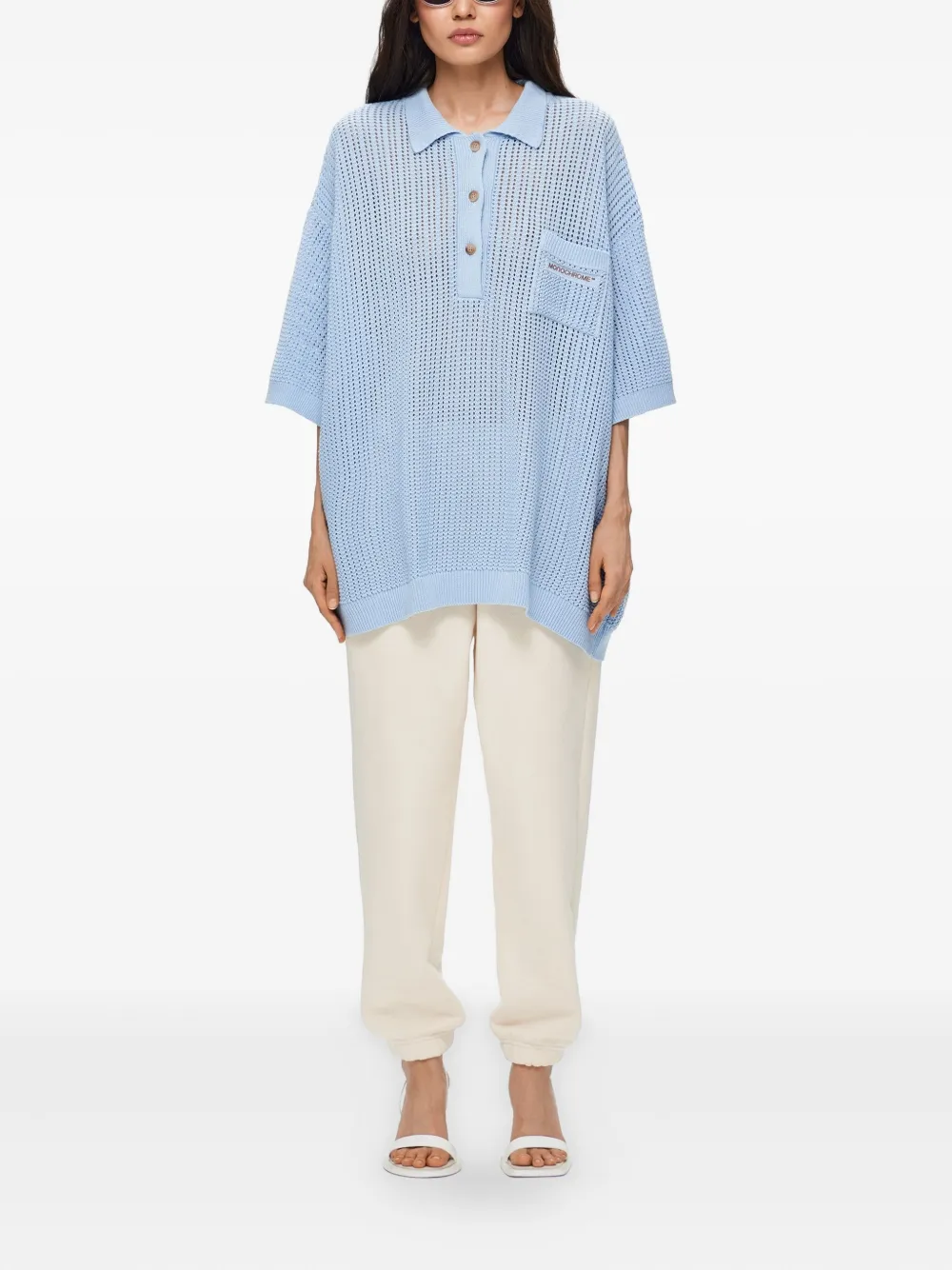 Monochrome Open-knit Polo Shirt In Blue