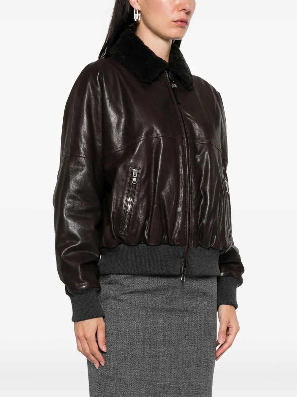 Brunello Cucinelli Leren jack met lammy kraag Bruin