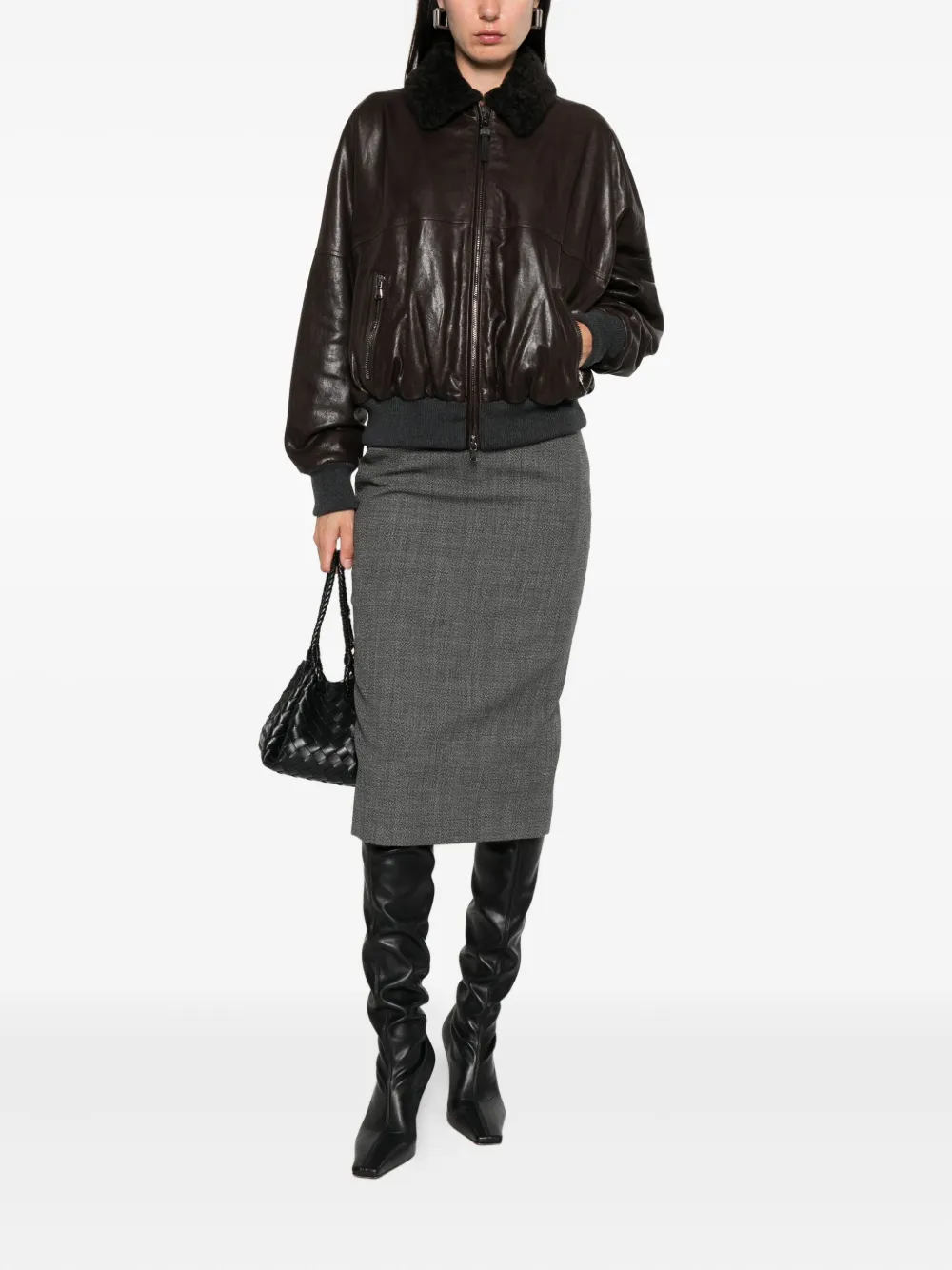 Brunello Cucinelli Leren jack met lammy kraag Bruin