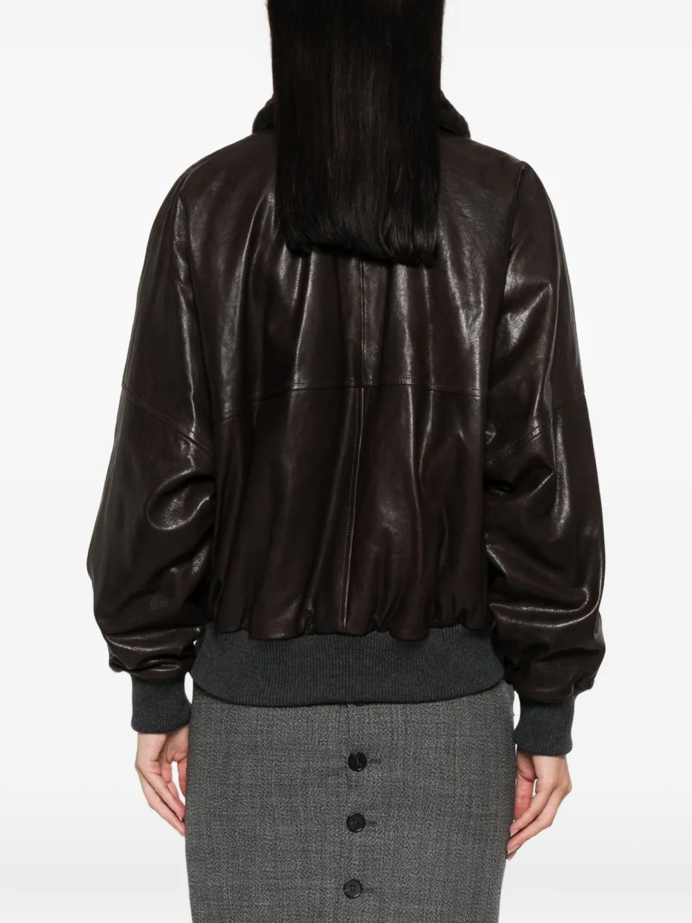 Brunello Cucinelli Leren jack met lammy kraag Bruin
