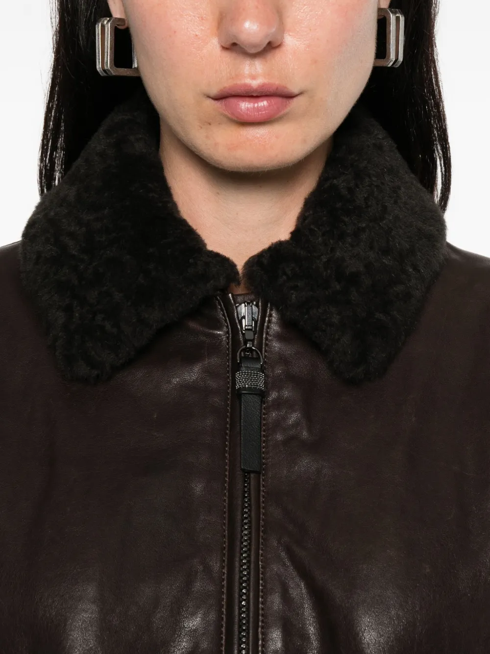 Brunello Cucinelli Leren jack met lammy kraag Bruin