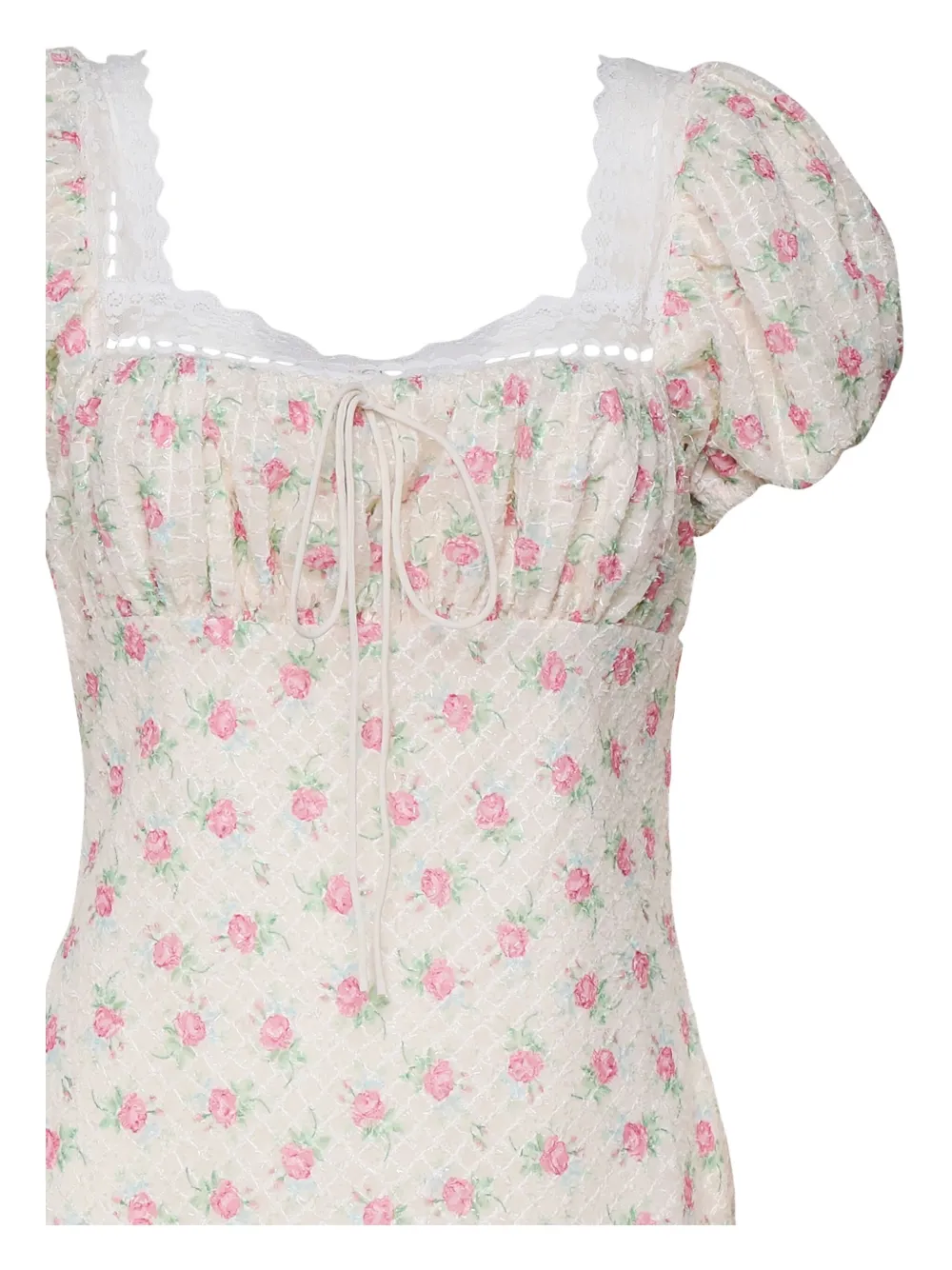 For Love And Lemons puff-sleeve floral mini dress Beige
