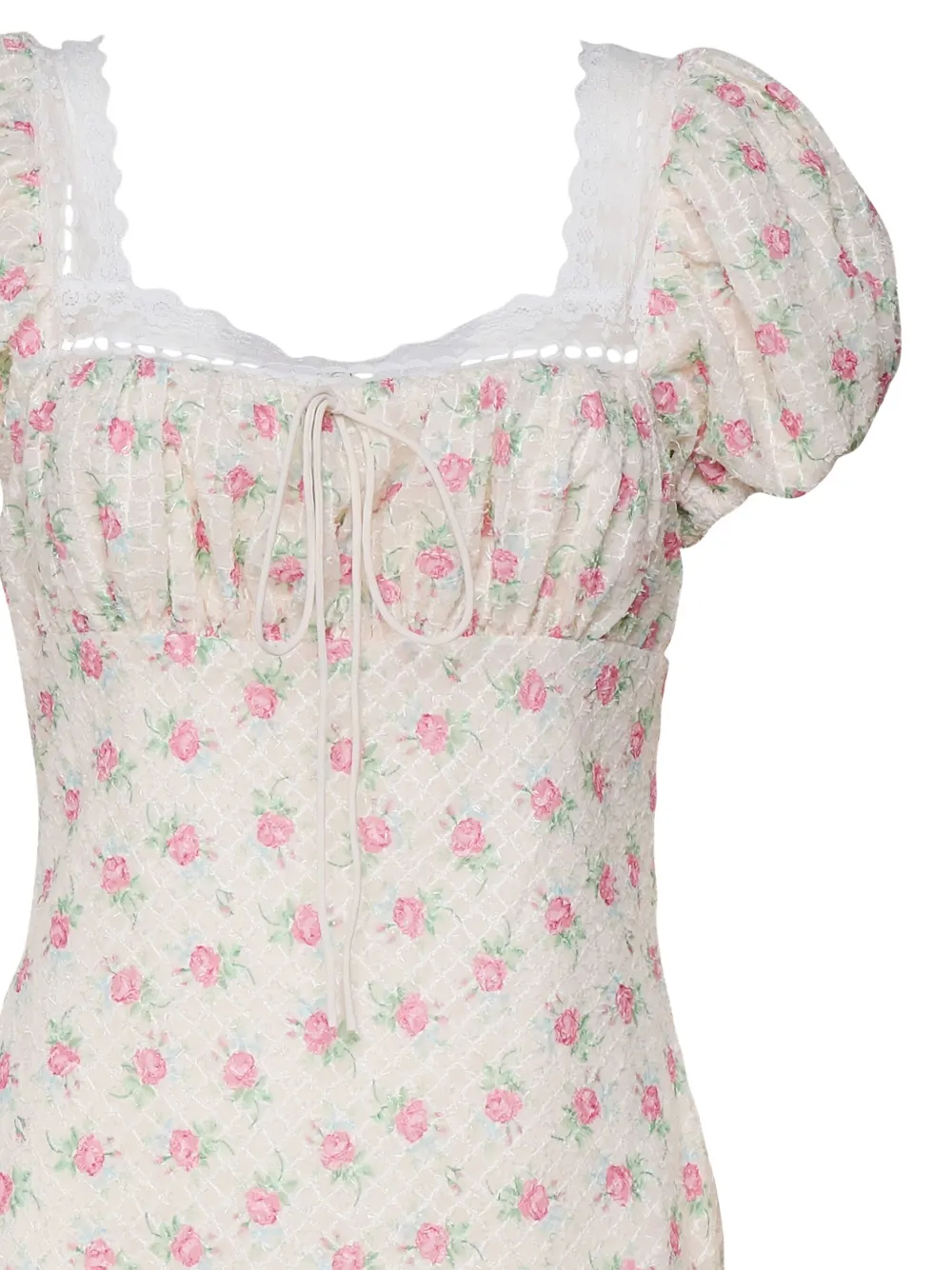 For Love And Lemons puff-sleeve floral mini dress Beige