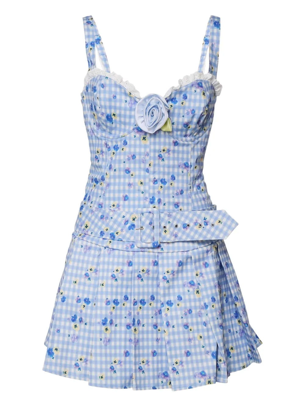 For Love And Lemons Brigitta mini-jurk verfraaid met roos en gingham ruit Blauw
