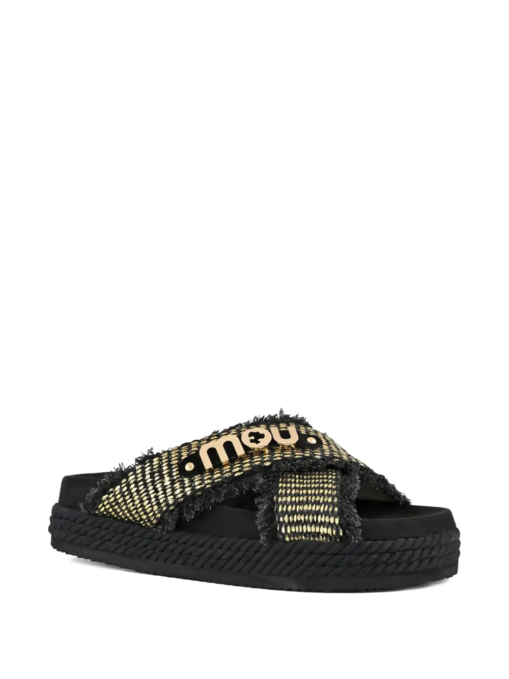 Mou frayed cross-strap sandals Black