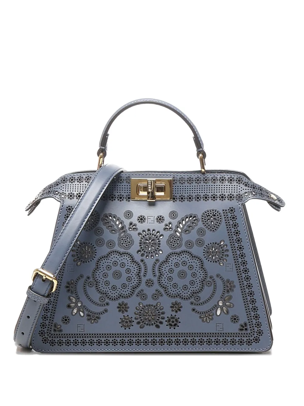 FENDI smal Peakaboo ISeeU floral-cutout leather tote bag Blauw