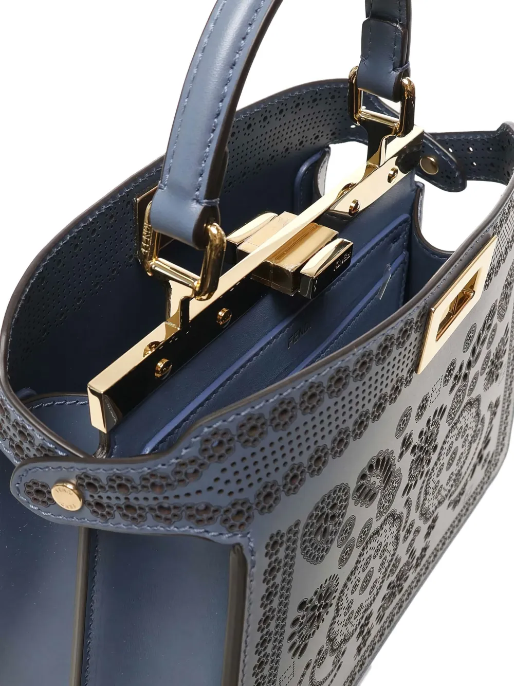 FENDI smal Peakaboo ISeeU floral-cutout leather tote bag Blauw