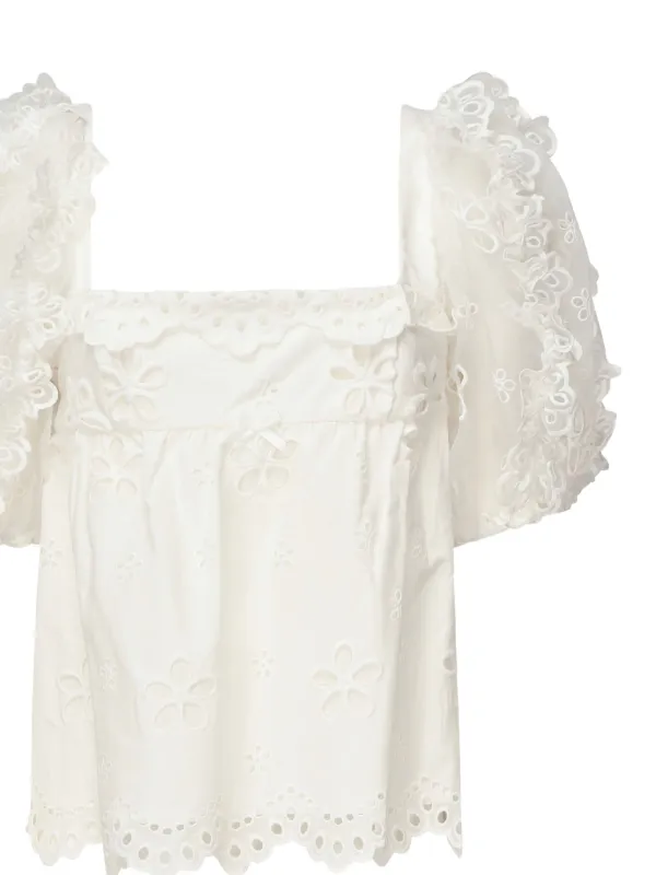 For Love And Lemons eyelet-embroidered puff-sleeve Top Neutrals