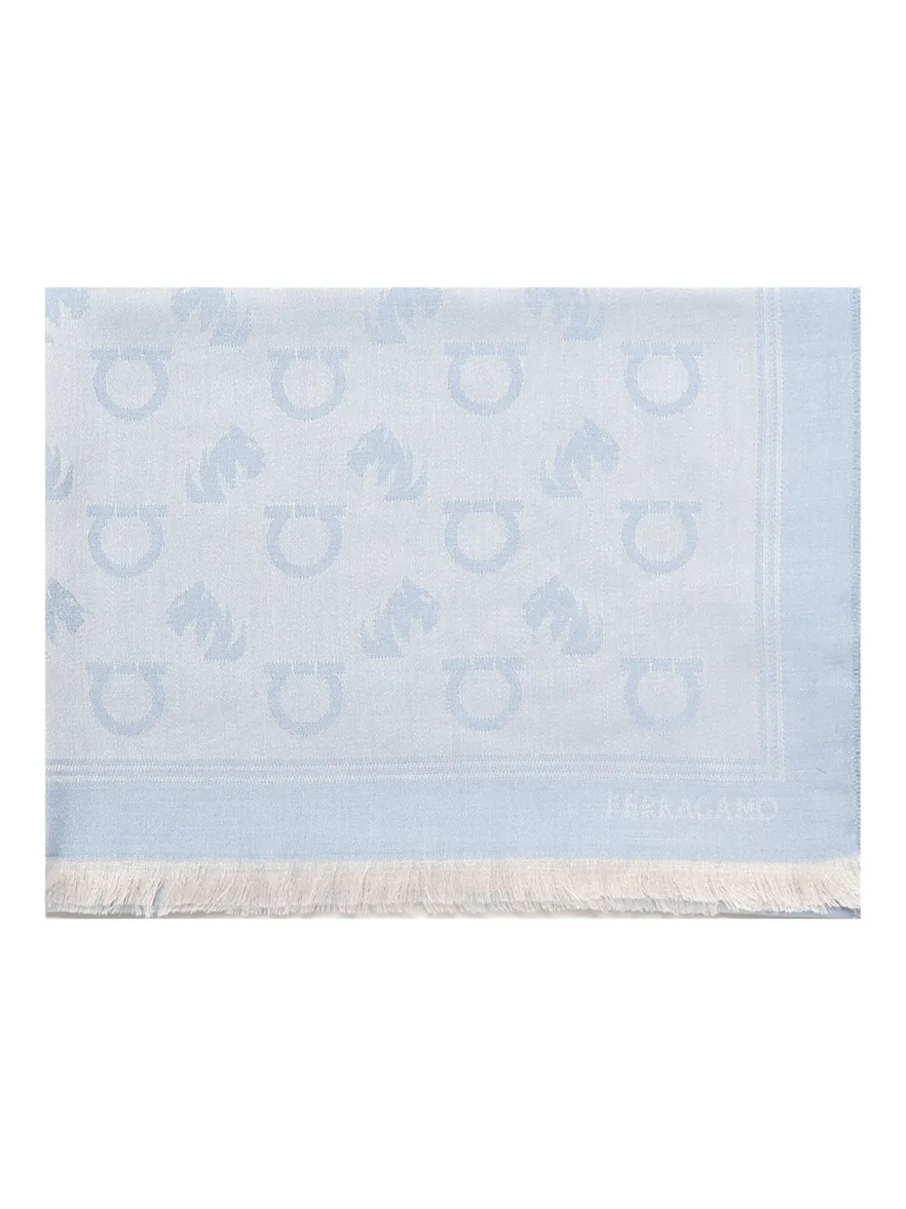 Ferragamo logo-pattern fringed scarf Blauw