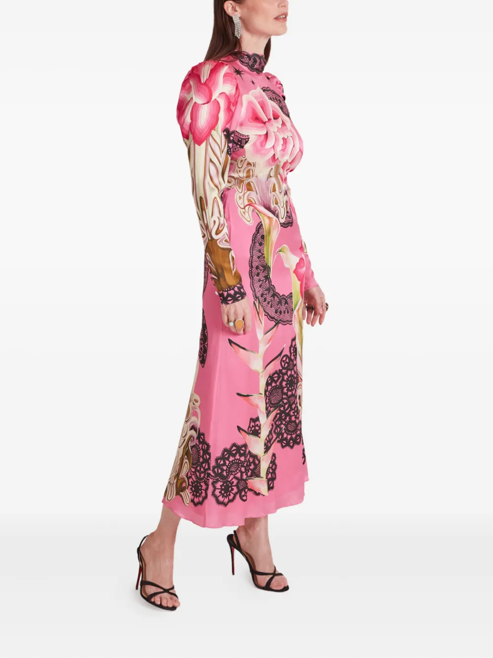 Temperley London Cici midi-jurk met bloemenprint en gestrikte hals Roze