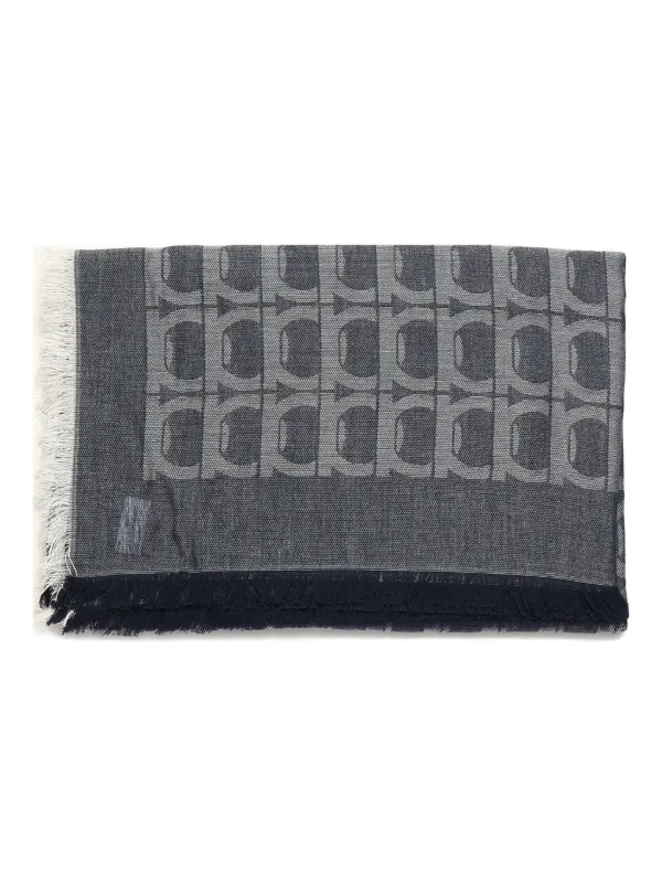 Ferragamo Gancini-pattern Fringed Scarf Grey FARFETCH IN