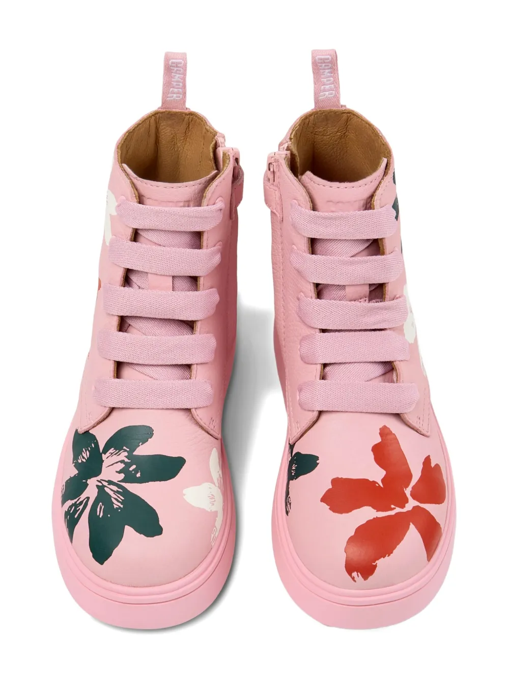 Camper Kids Norte Twins floral lace-up leather ankle boots Pink