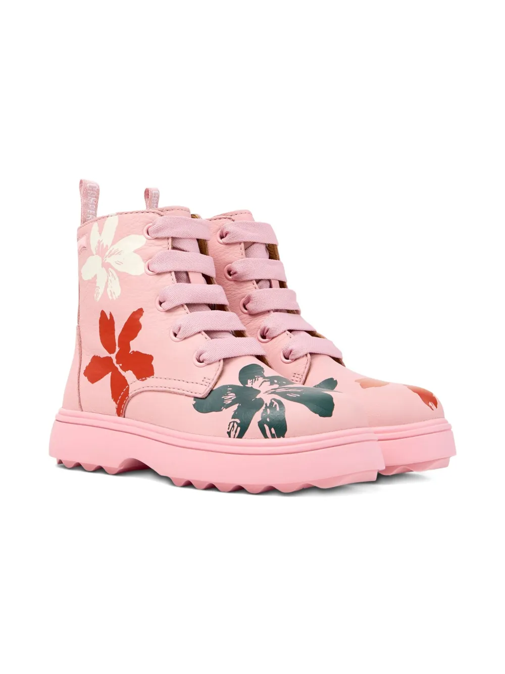 Camper Kids Norte Twins floral lace-up leather ankle boots Pink