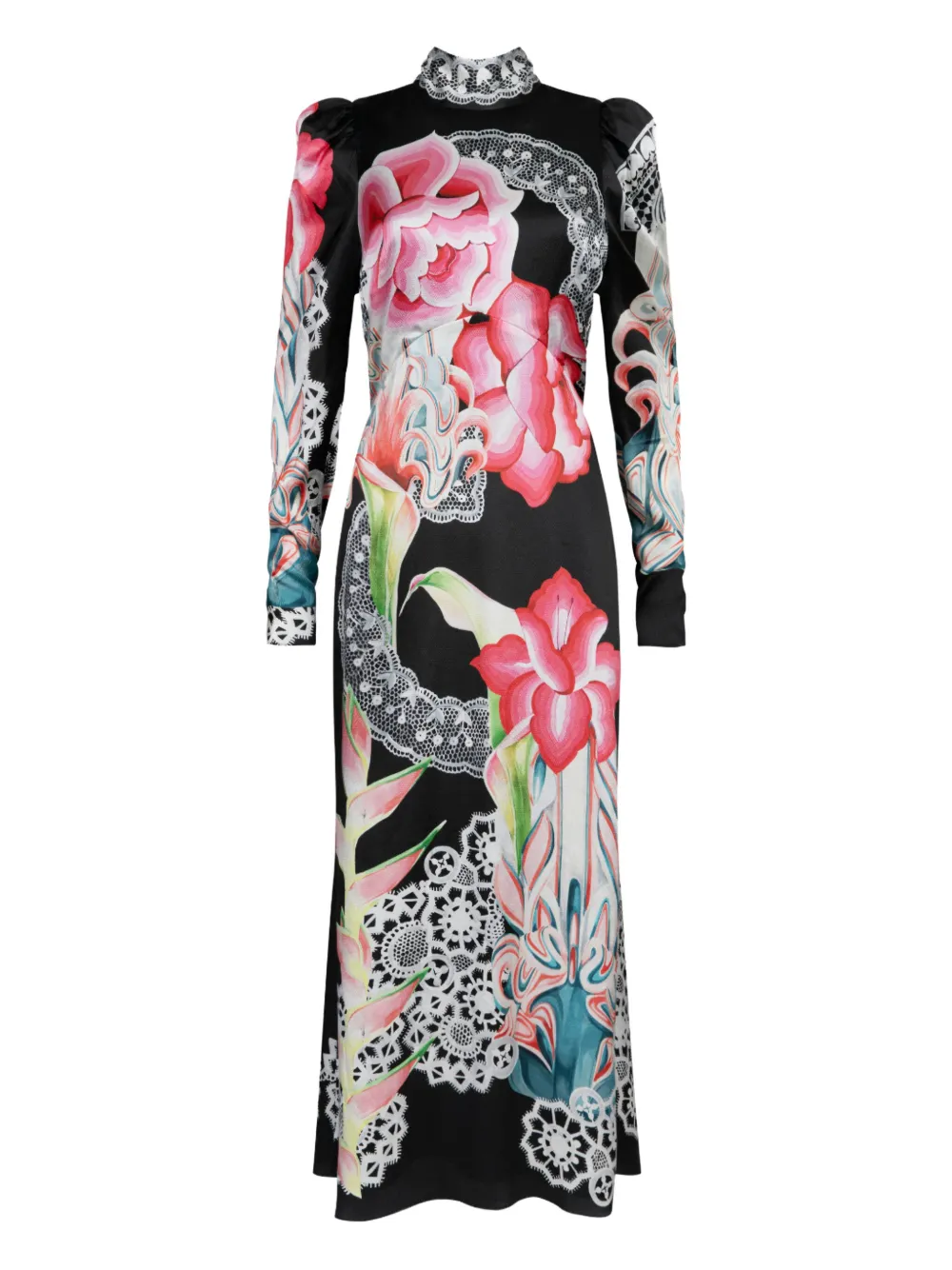 Temperley London Cici floral-lace print maxi dress Zwart