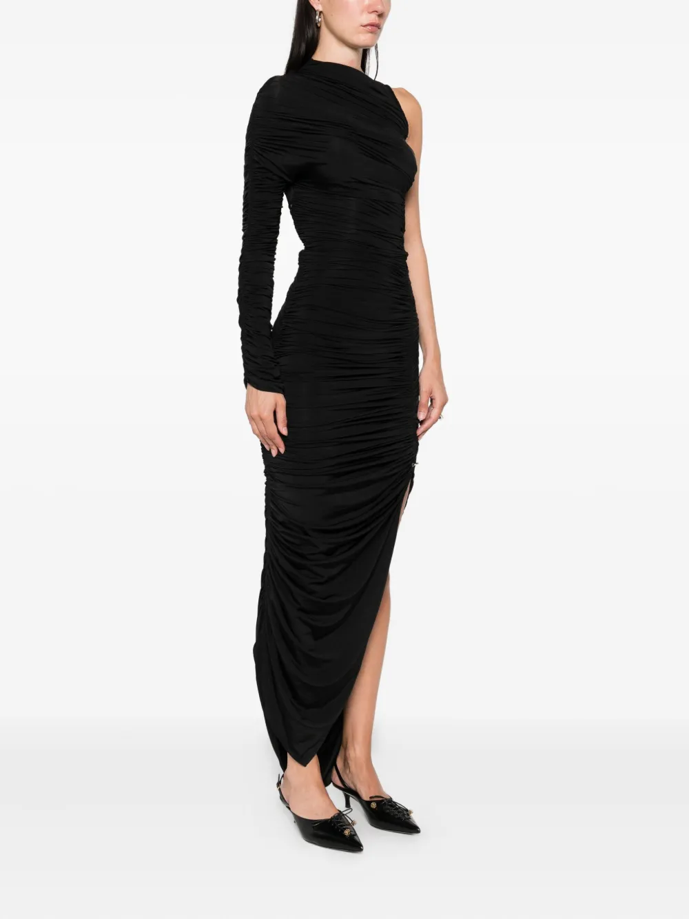 Mugler one-sleeve draped dress Zwart