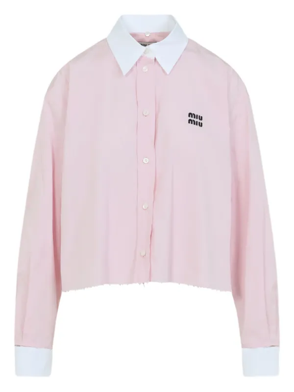 Miu Miu logo-embroidered frayed-hem Shirt | Pink | FARFETCH BE
