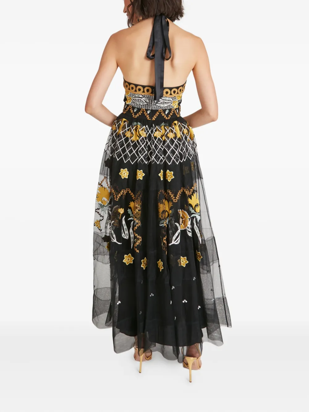 Temperley London Remi halter embroidered tulle gown Zwart