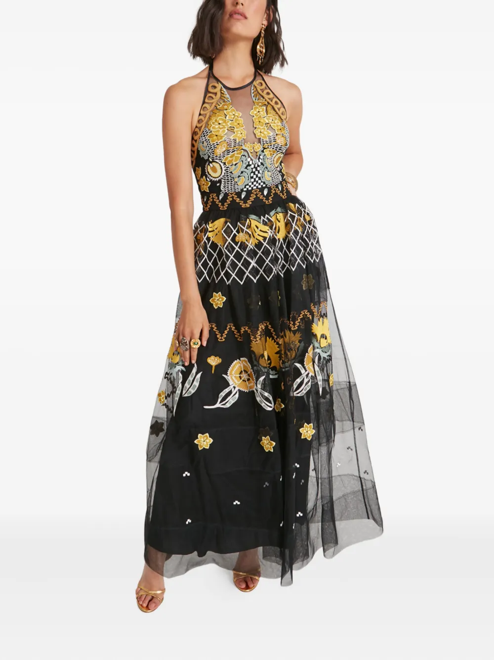 Temperley London Remi halter embroidered tulle gown Zwart