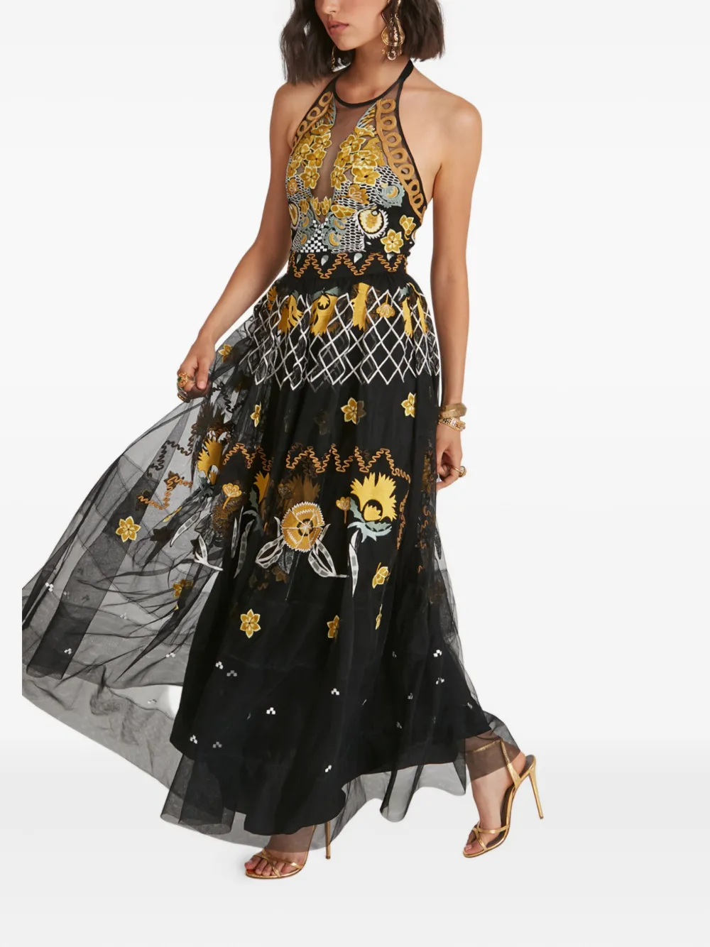 Temperley London Remi halter embroidered tulle gown Zwart