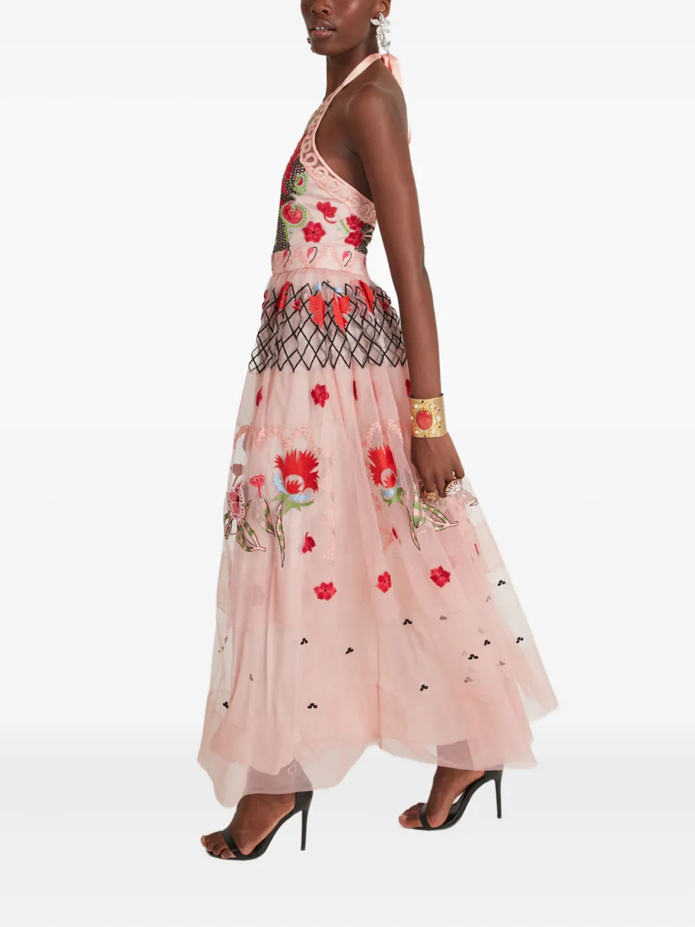 Temperley London Remi tulen maxi-jurk met halternek en borduurwerk Roze