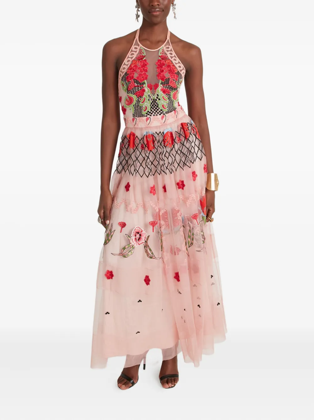 Temperley London Remi tulen maxi-jurk met halternek en borduurwerk Roze