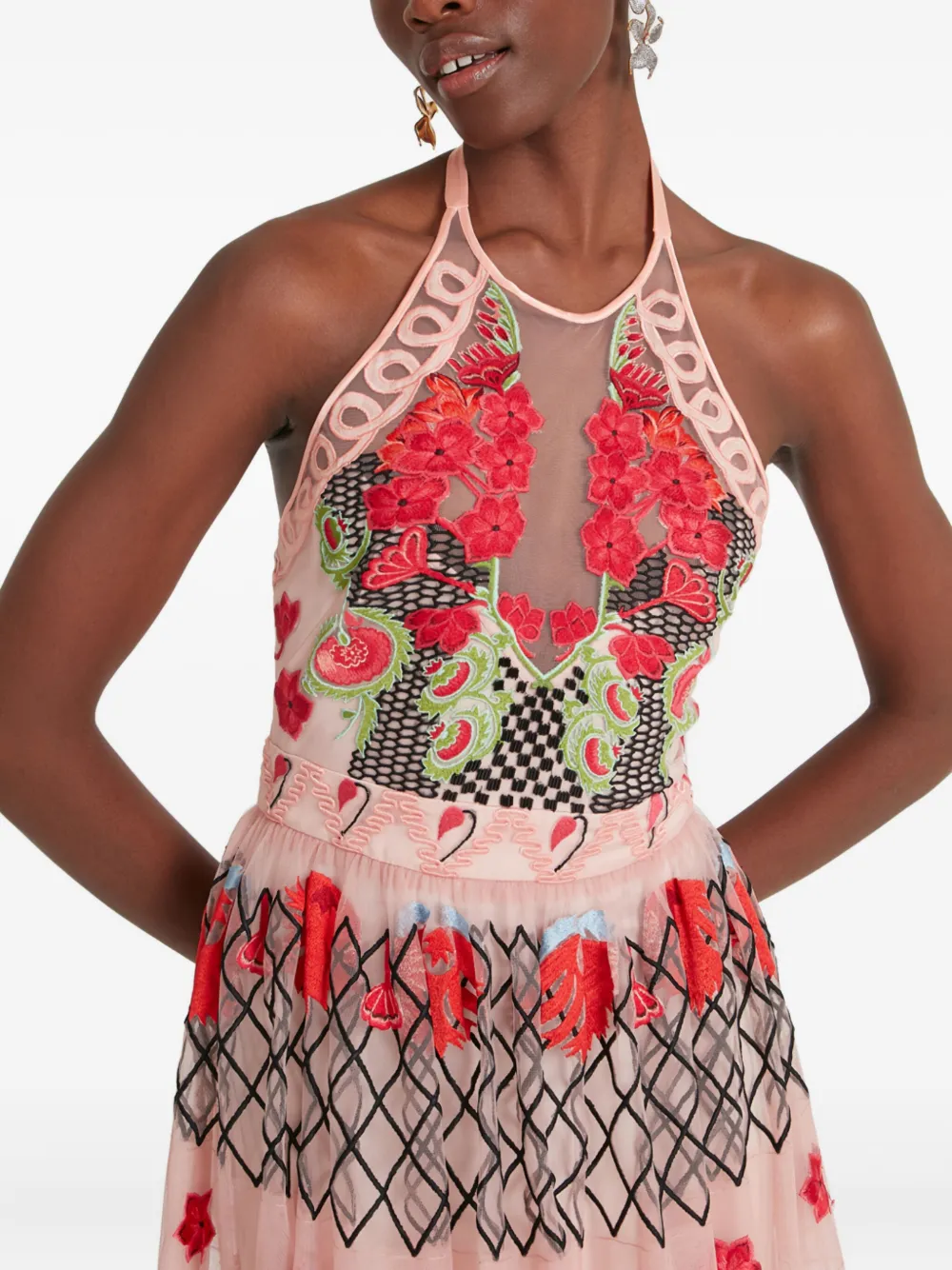 Temperley London Remi tulen maxi-jurk met halternek en borduurwerk Roze