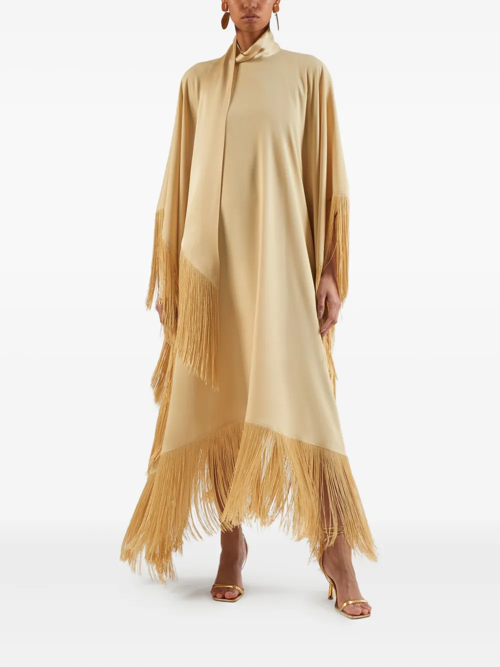 Taller Marmo Mrs. Ross fringe-trimmed high-neck maxi dress Goud