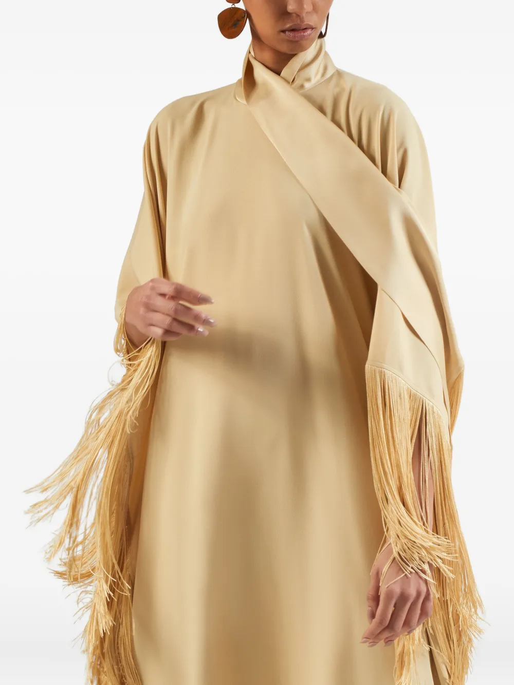 Taller Marmo Mrs. Ross fringe-trimmed high-neck maxi dress Goud