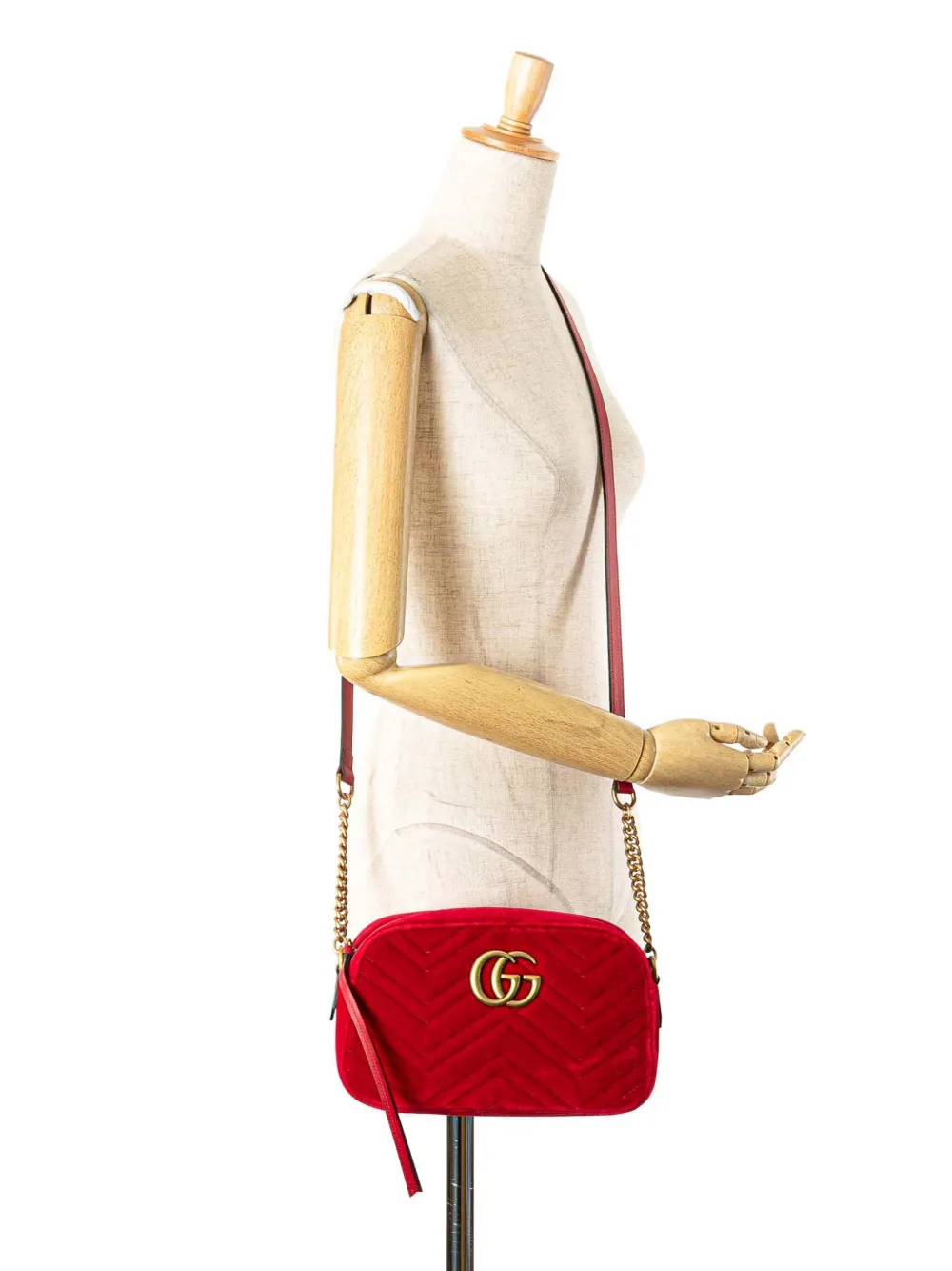 Pre-owned Gucci 2016-2025 Small Gg Marmont Matelasse Velvet Crossbody Bag In Red