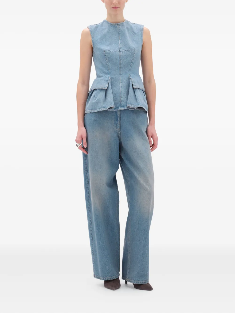 REMAIN Peplum sleeveless denim top Blauw